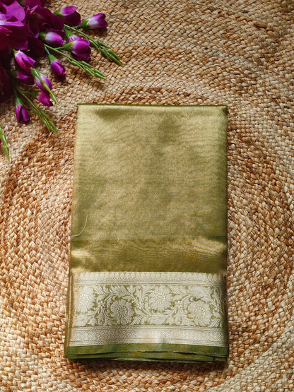 GREEN TISSUE SILK SAREE WITH ZARI WEAVED BORDER