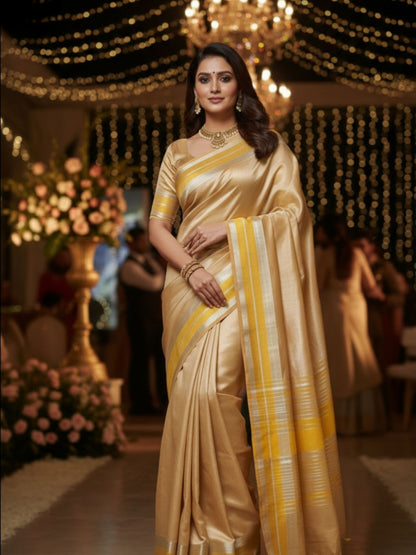 YELLOW SEMI TISSUE SILK SAREE WITH GARHWAL BORDER