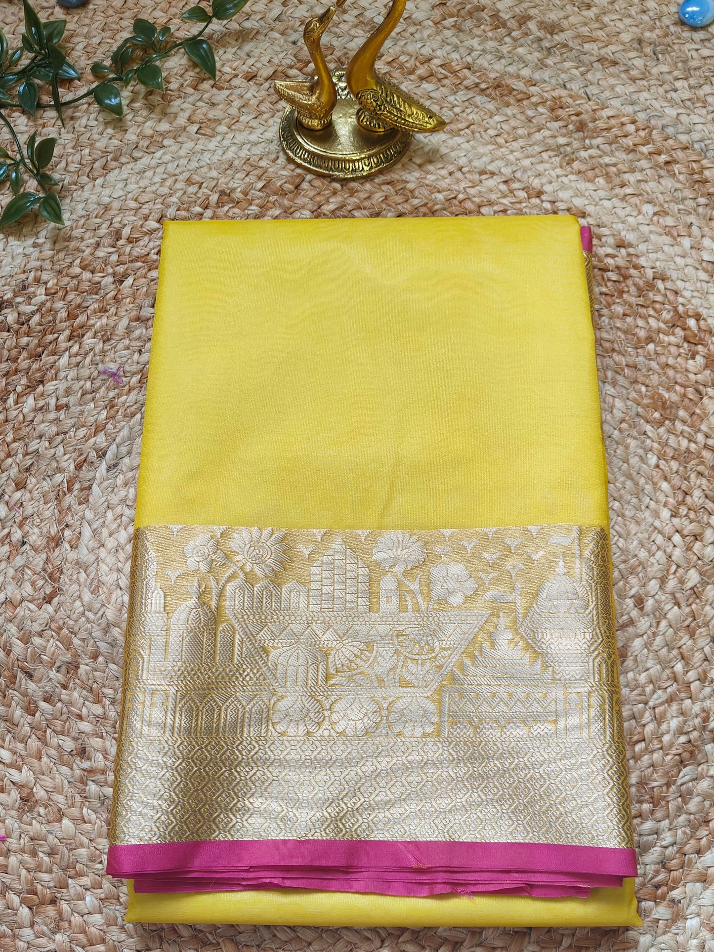 YELLOW ORGANZA SAREE WITH ZARI WEAVED TEMPLE BORDER