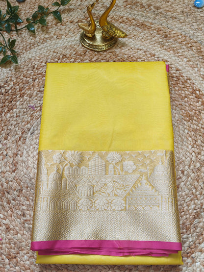 YELLOW ORGANZA SAREE WITH ZARI WEAVED TEMPLE BORDER