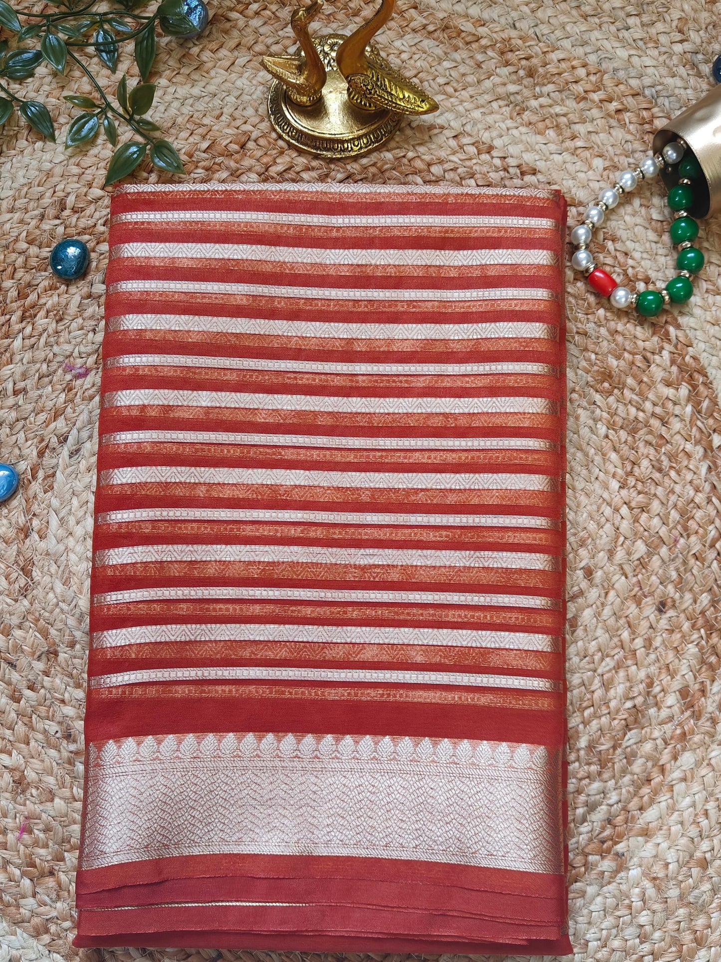 RUST ORANGE TISSUE SILK SAREE WITH ZARI STIPS