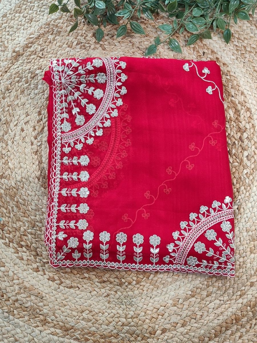 RED TISSUE PITA WORK SAREE