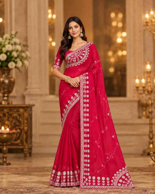 RED TISSUE PITA WORK SAREE