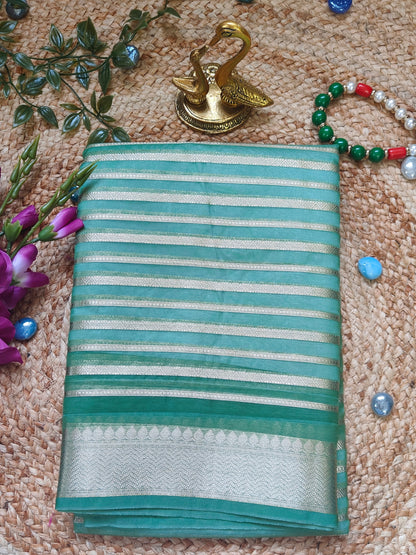 TISSUE SILK SAREE WITH  GOLDEN ZARI STRIPS