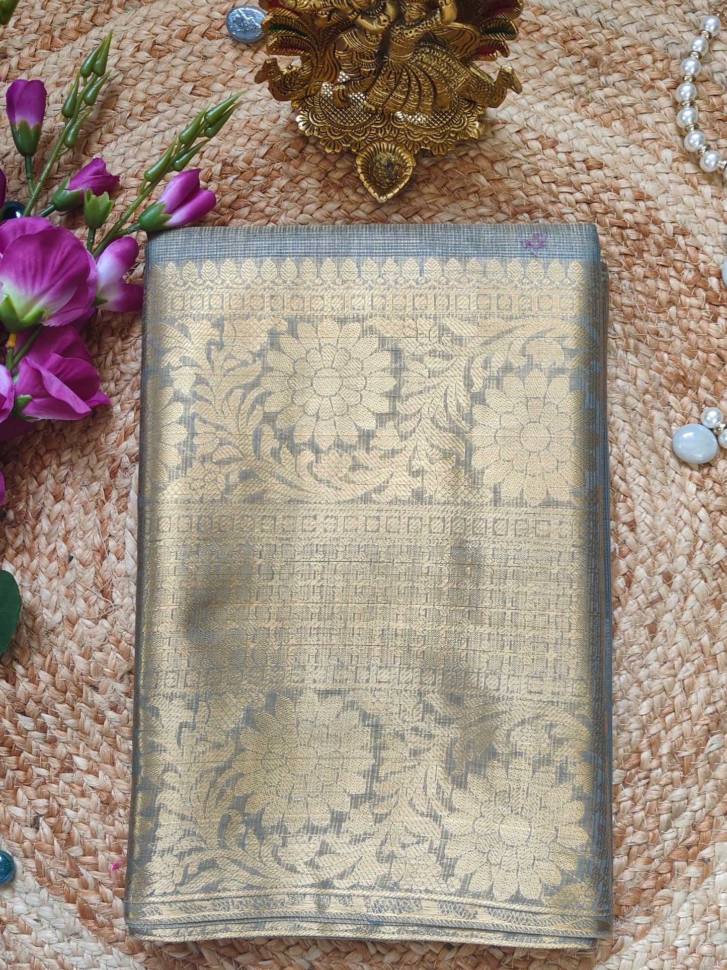 GREY TISSUE CHECK SAREE