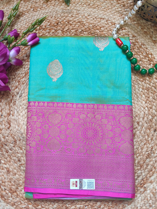 GREEN PURE KATAN SILK SAREE WITH ANTIQUE ZARI