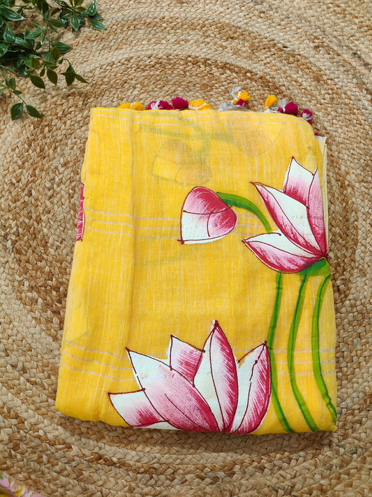 YELLOW KHADI COTTON HANDPAINTED SAREE