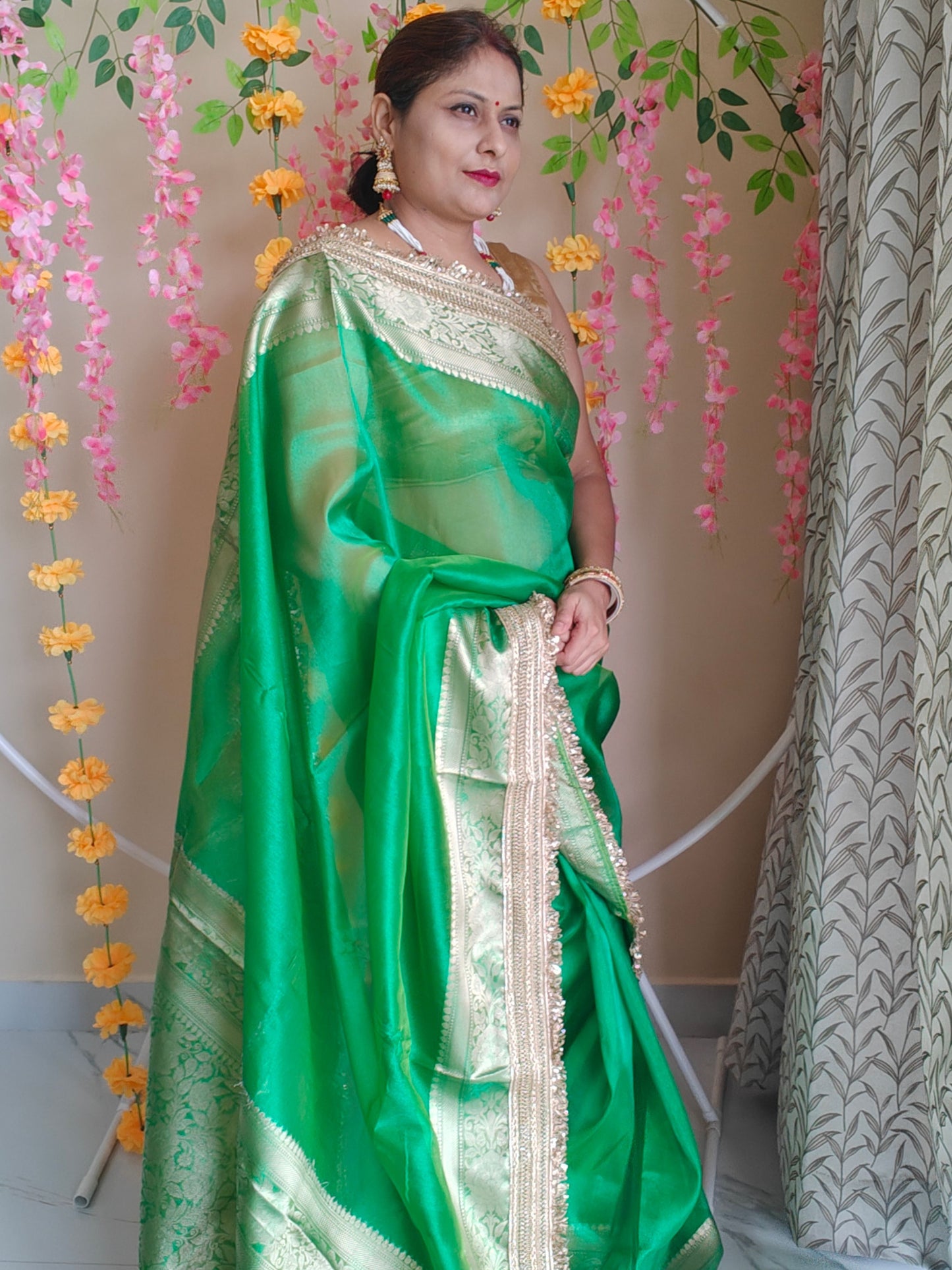 GREEN TISSUE KATHBAN SAREE WITH LACE BORDER