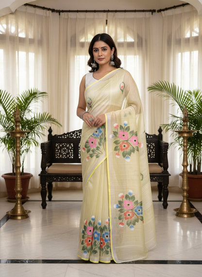 YELLOW COTTON SILK HANDPRINTED SAREE