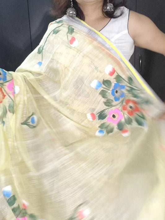 YELLOW COTTON SILK HANDPRINTED SAREE