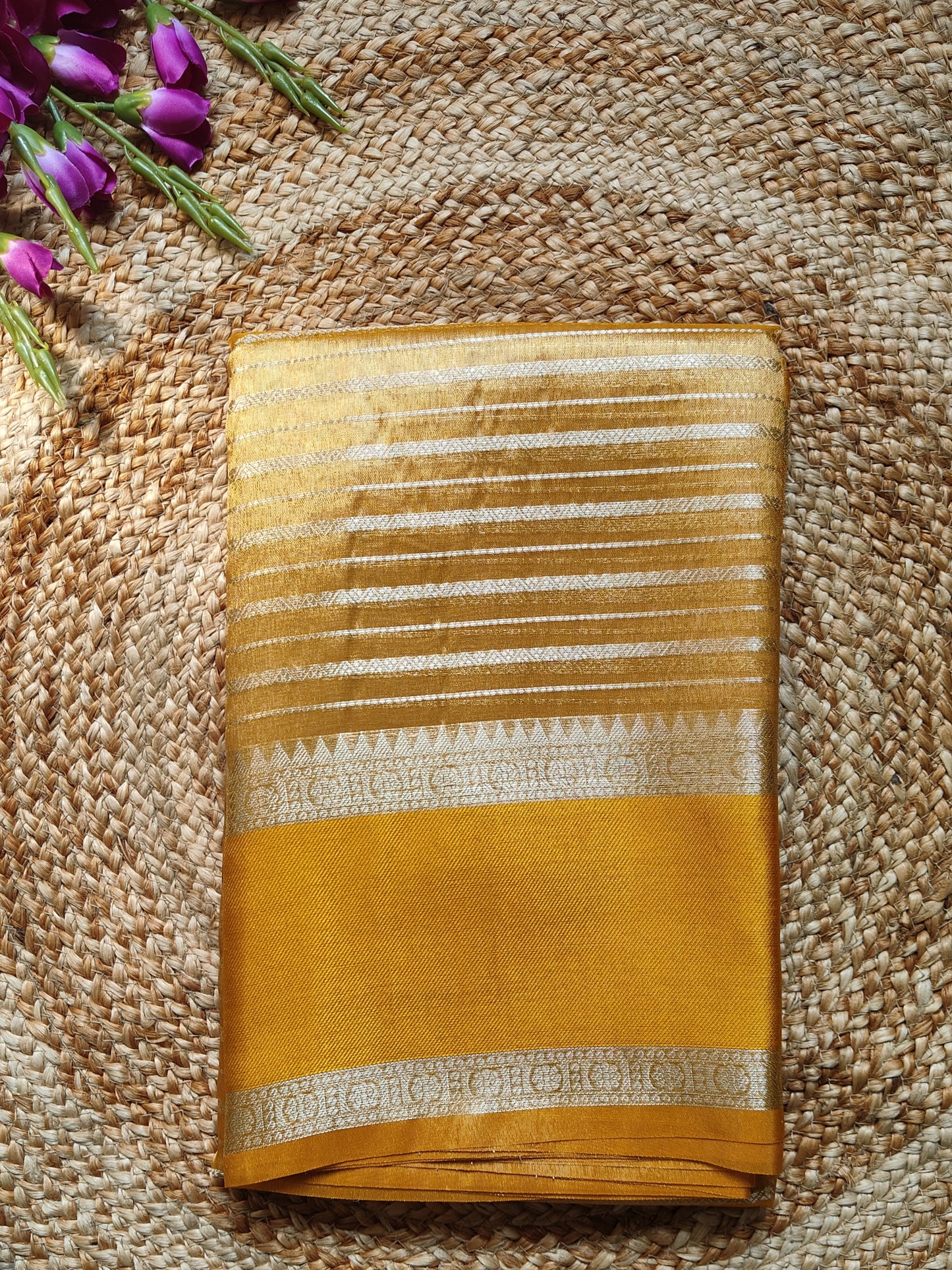 YELLOW SEMI TISSUE SILK WITH ZARI STRIP  GARHWAL BORDER