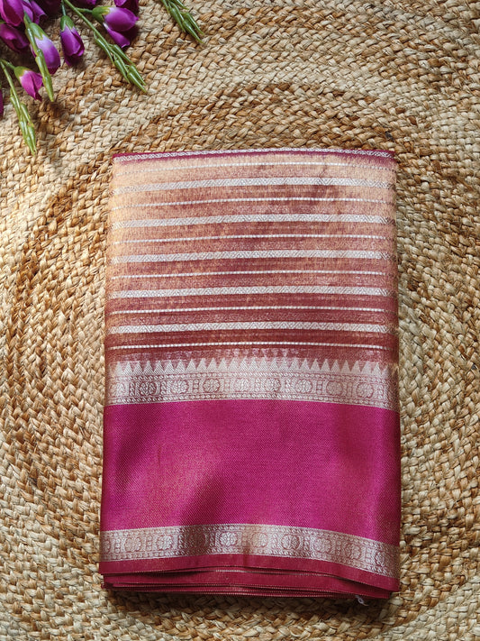 RED SEMI TISSUE SILK WITH ZARI STRIP GARHWAL BORDER