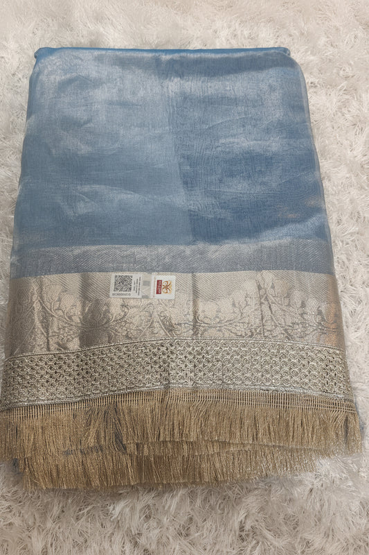 SKY BLUE PURE TISSUE KATHBAN SAREE