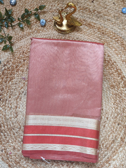 RED SEMI TISSUE SILK SAREE WITH GARHWAL BORDER