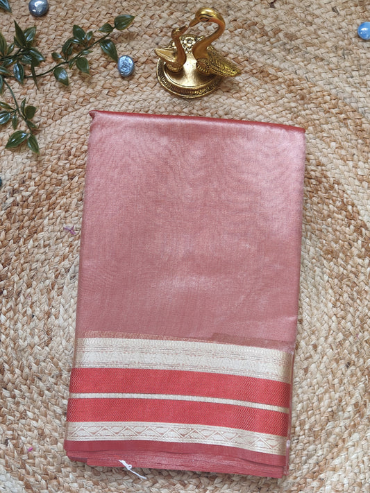 RED SEMI TISSUE SILK SAREE WITH GARHWAL BORDER