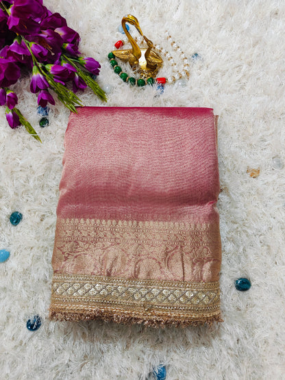 WINE TISSUE KATHBAN SAREE WITH LACE BORDER