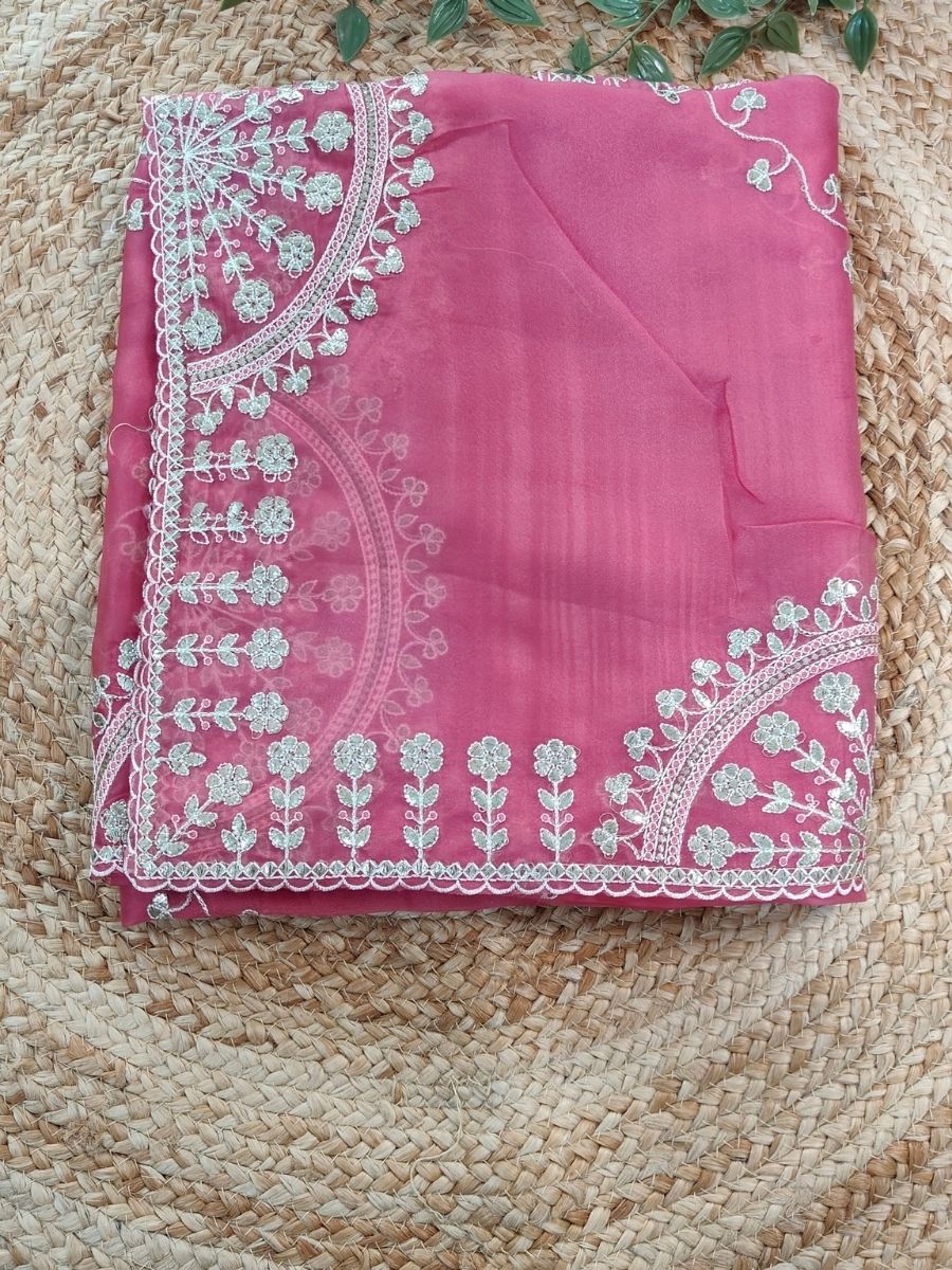 PINK TISSUE PITA WORK SAREE