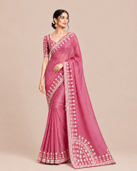PINK TISSUE PITA WORK SAREE