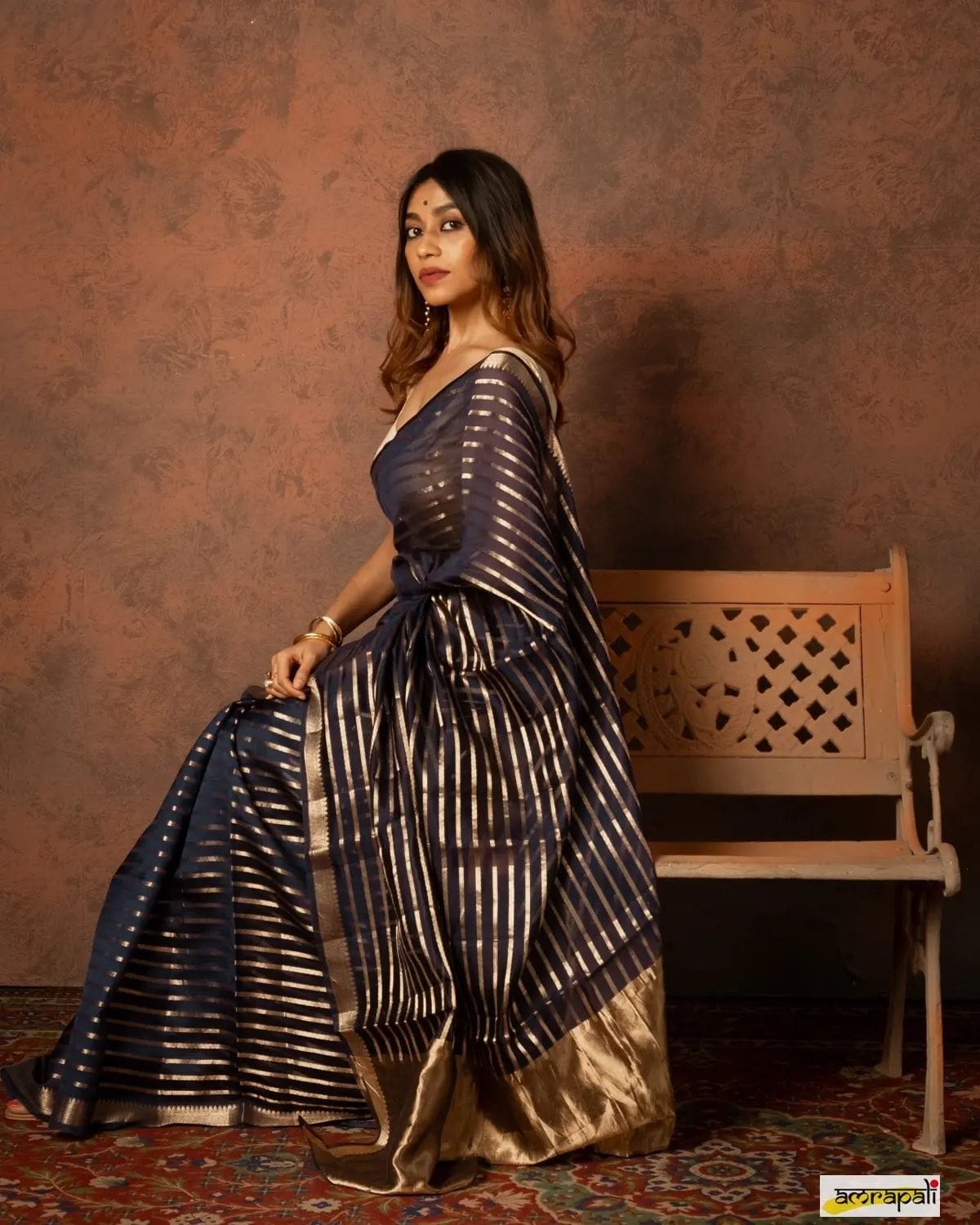 BLACK TISSUE SILK SAREE WITH ZARI STRIPS