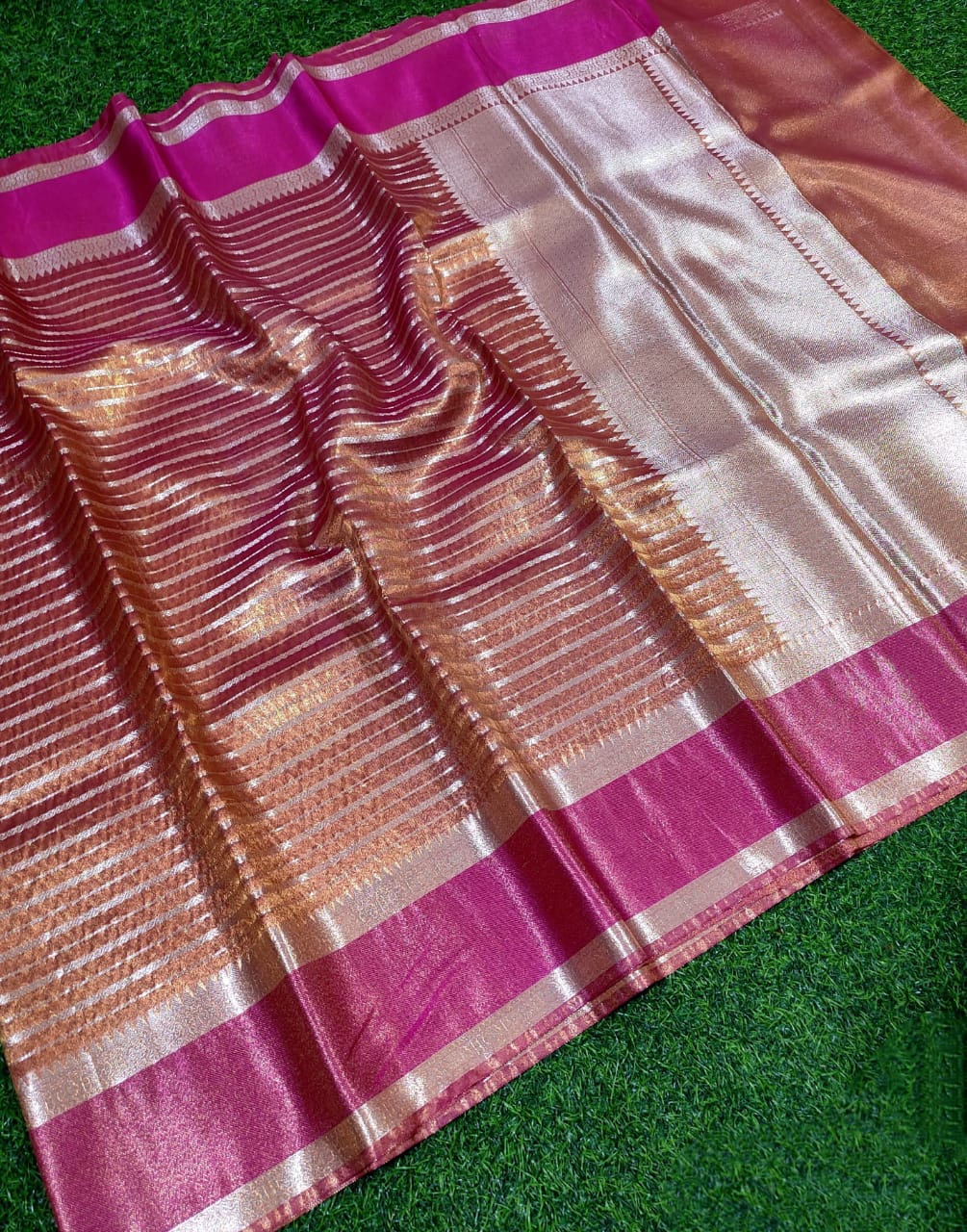 RED SEMI TISSUE SILK WITH ZARI STRIP GARHWAL BORDER