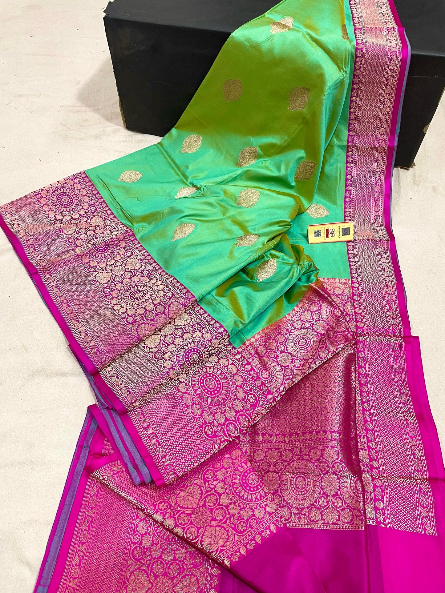 GREEN PURE KATAN SILK SAREE WITH ANTIQUE ZARI