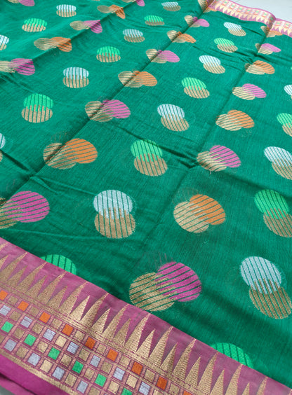 GREEN SOFT  SILK SAREE WITH ROUND BUTTA