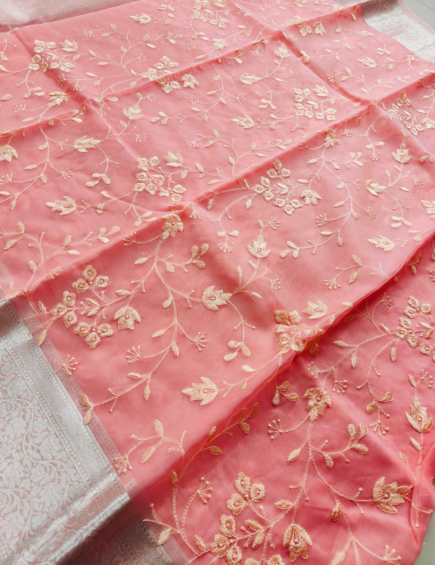PEACH PINK SAREE WITH CHICKEN EMBRIODERY