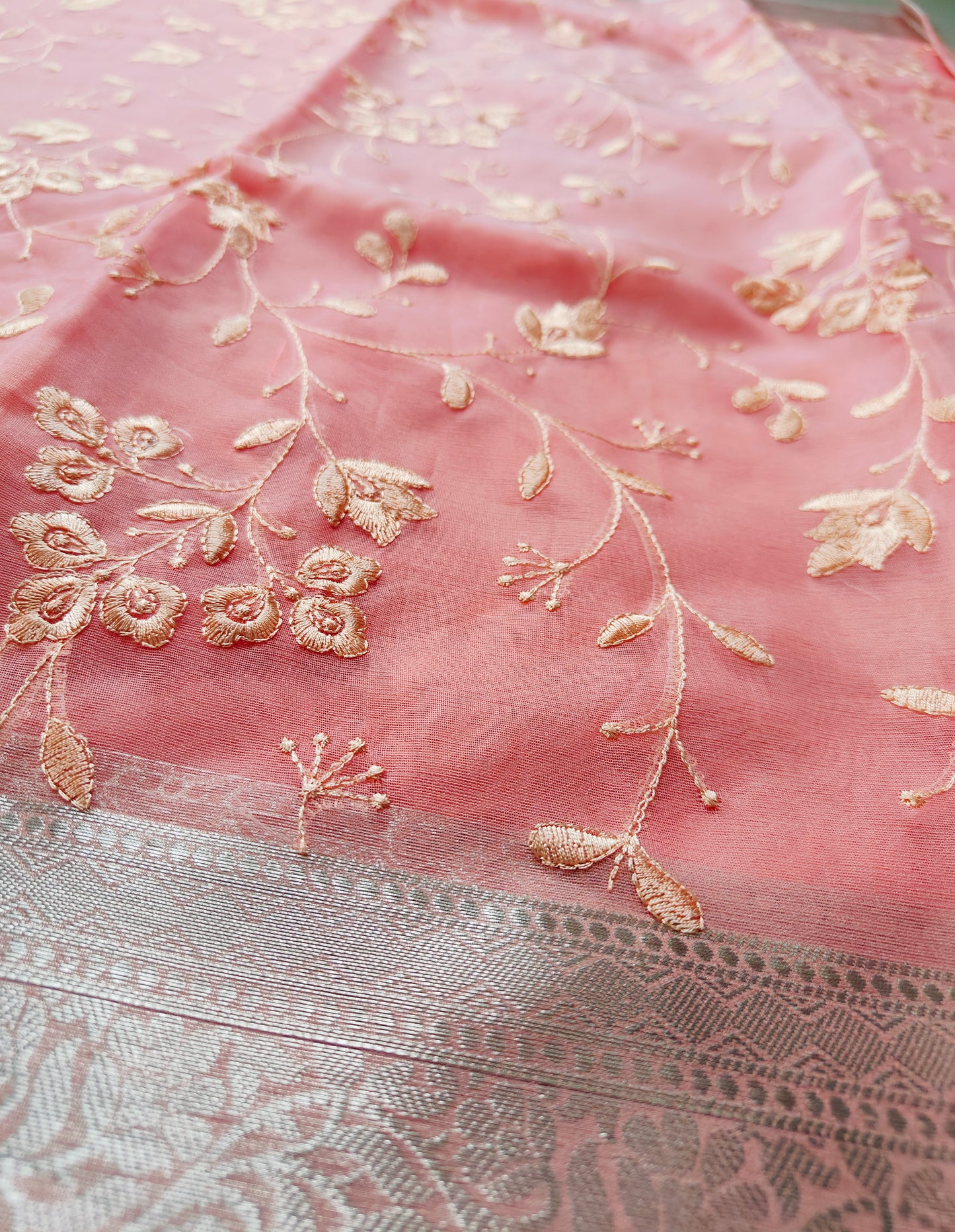 PEACH PINK SAREE WITH CHICKEN EMBRIODERY
