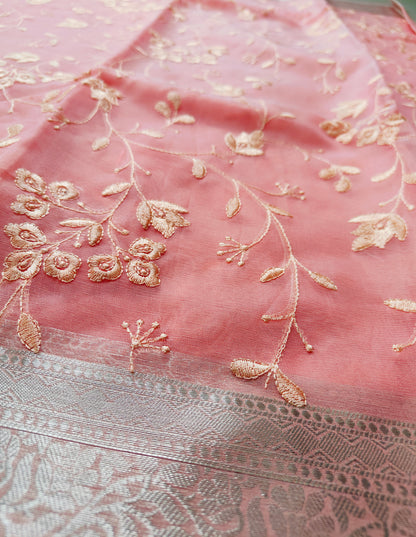 PEACH PINK SAREE WITH CHICKEN EMBRIODERY