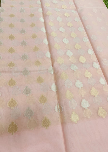 PEACH ORGANZA SILK SAREE WITH ZARI BUTTA