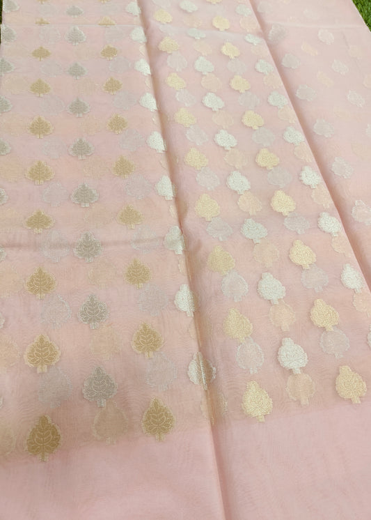 PEACH ORGANZA SILK SAREE WITH ZARI BUTTA