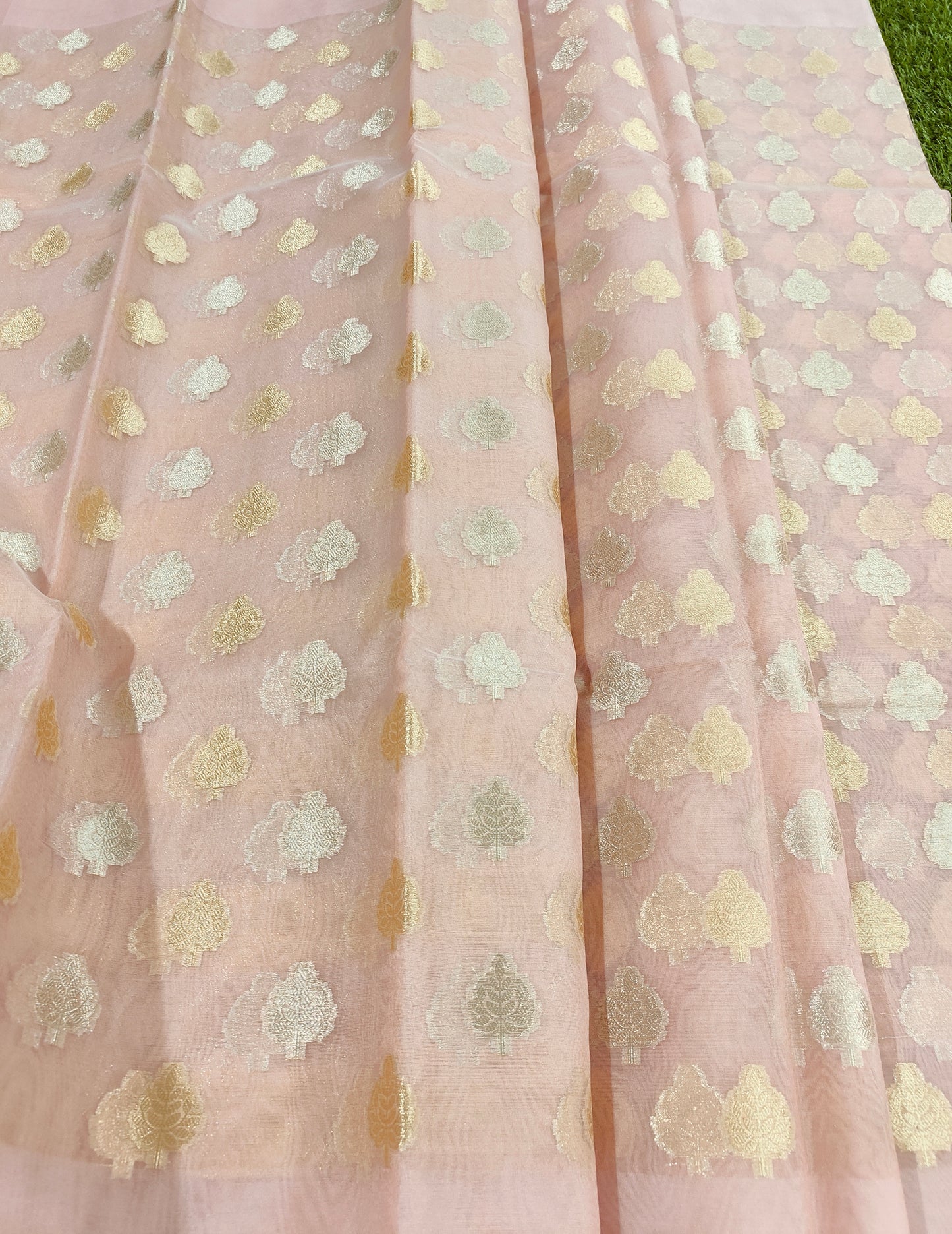 PEACH ORGANZA SILK SAREE WITH ZARI BUTTA