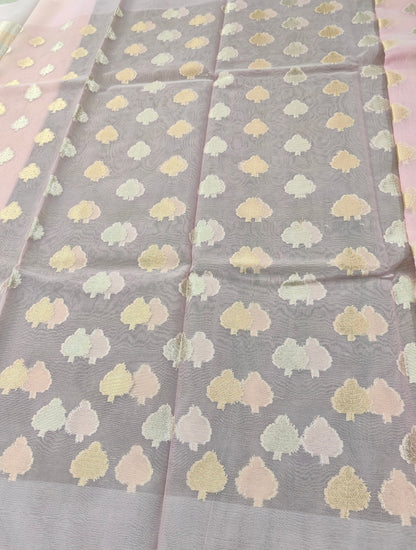 PEACH ORGANZA SILK SAREE WITH ZARI BUTTA
