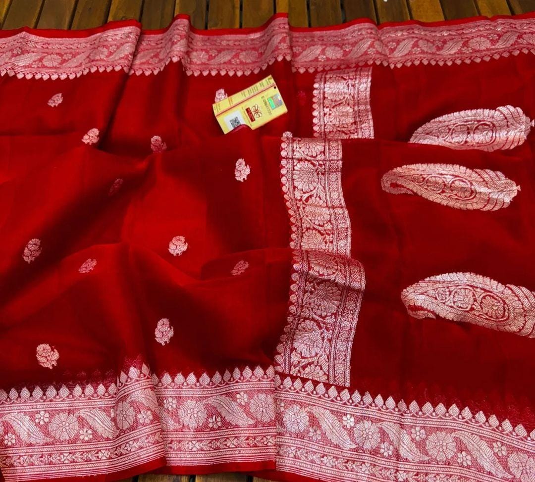 RED PURE KHADDI SHIFFON  SAREE