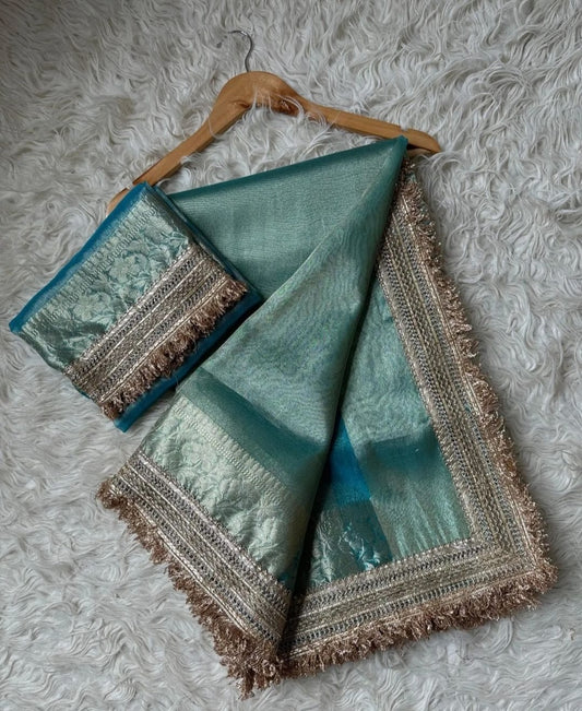 TURQUOISE  TISSSUE KATHBAN SAREE