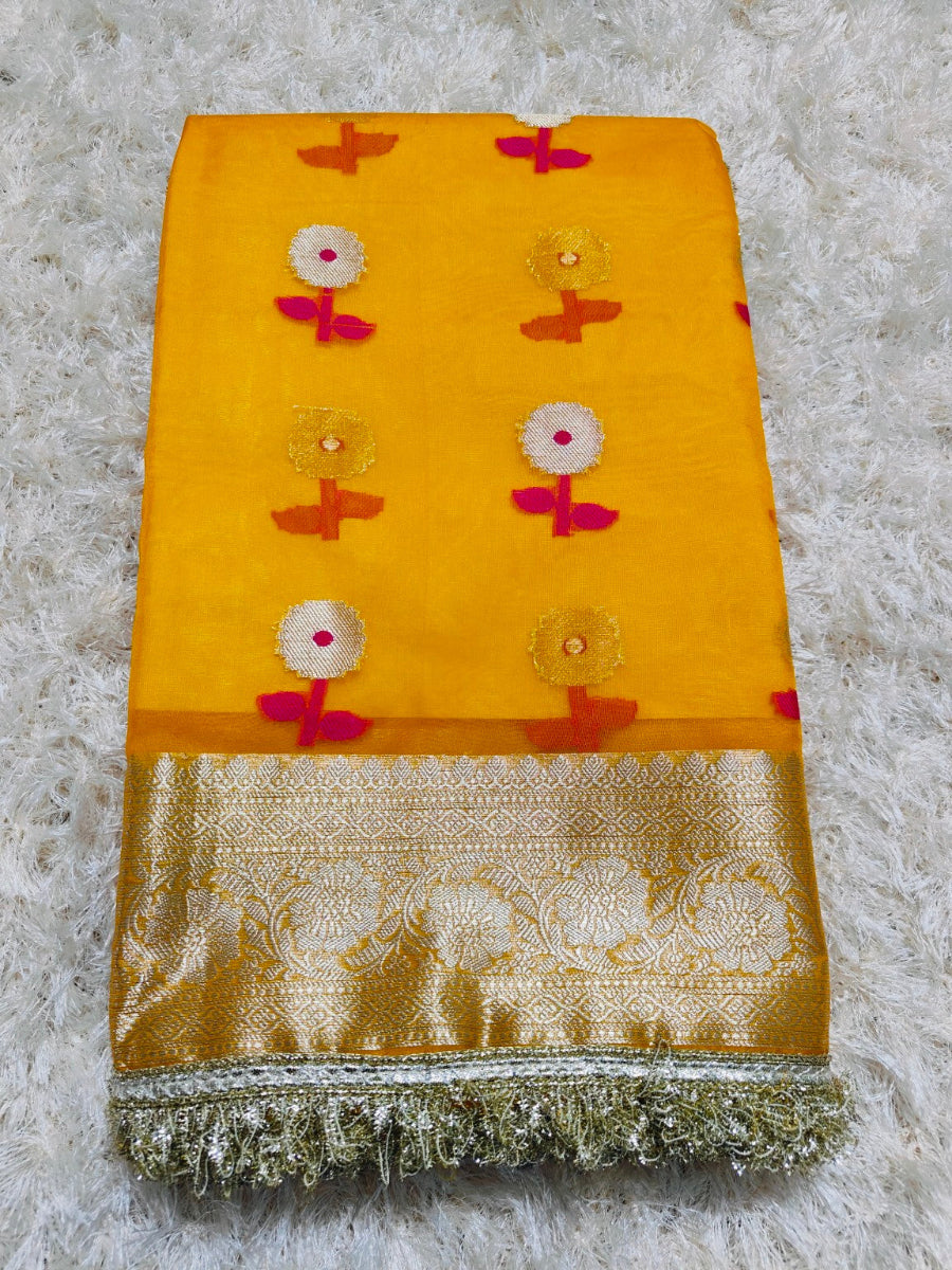 YELLOW KORA ORGANZA MAHARANI SAREE