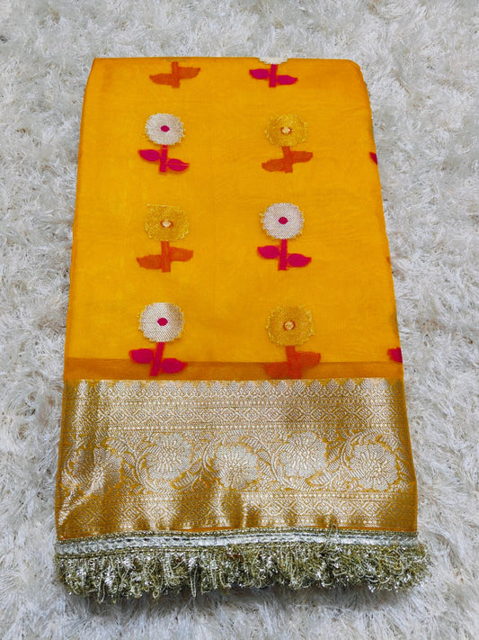 YELLOW KORA ORGANZA MAHARANI SAREE