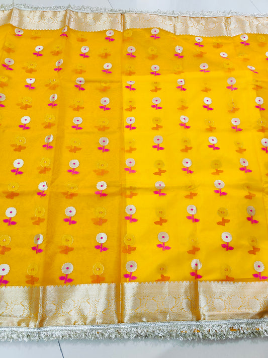 YELLOW KORA ORGANZA MAHARANI SAREE