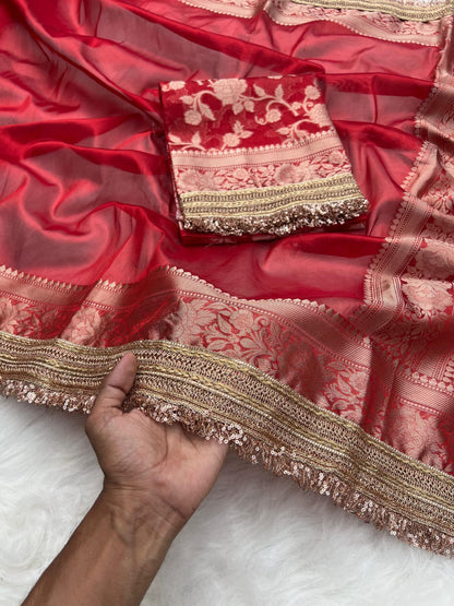 RED TISSUE SAREE WITH LACE BORDER