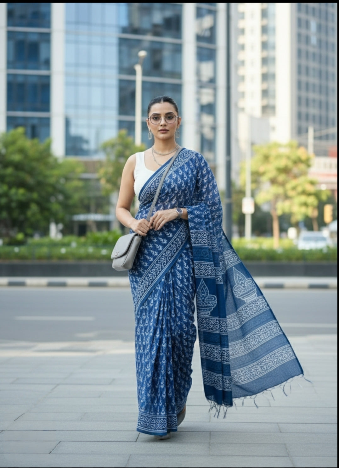 INDIGO BAGRU LEAF PRINT COTTON SAREE