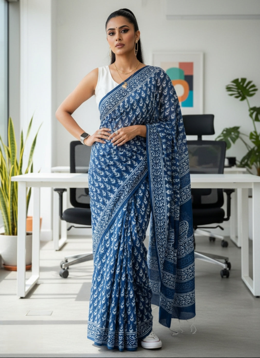 INDIGO BAGRU LEAF PRINT COTTON SAREE