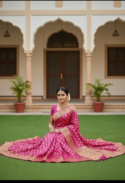 RANI PINK SEMI CHINIYA KATAN SILK SAREE
