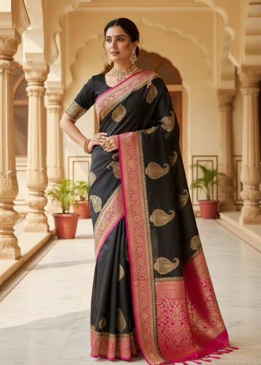 BLACK WARM SILK SAREE WITH AMIYA BOOTA
