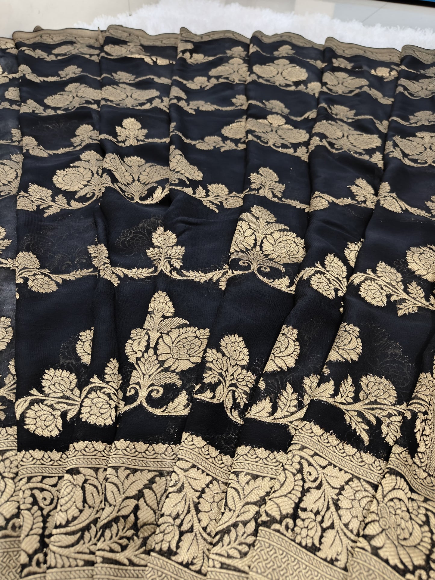 BLACK PURE GEORGEETE SARI WITH GOLD ZARI