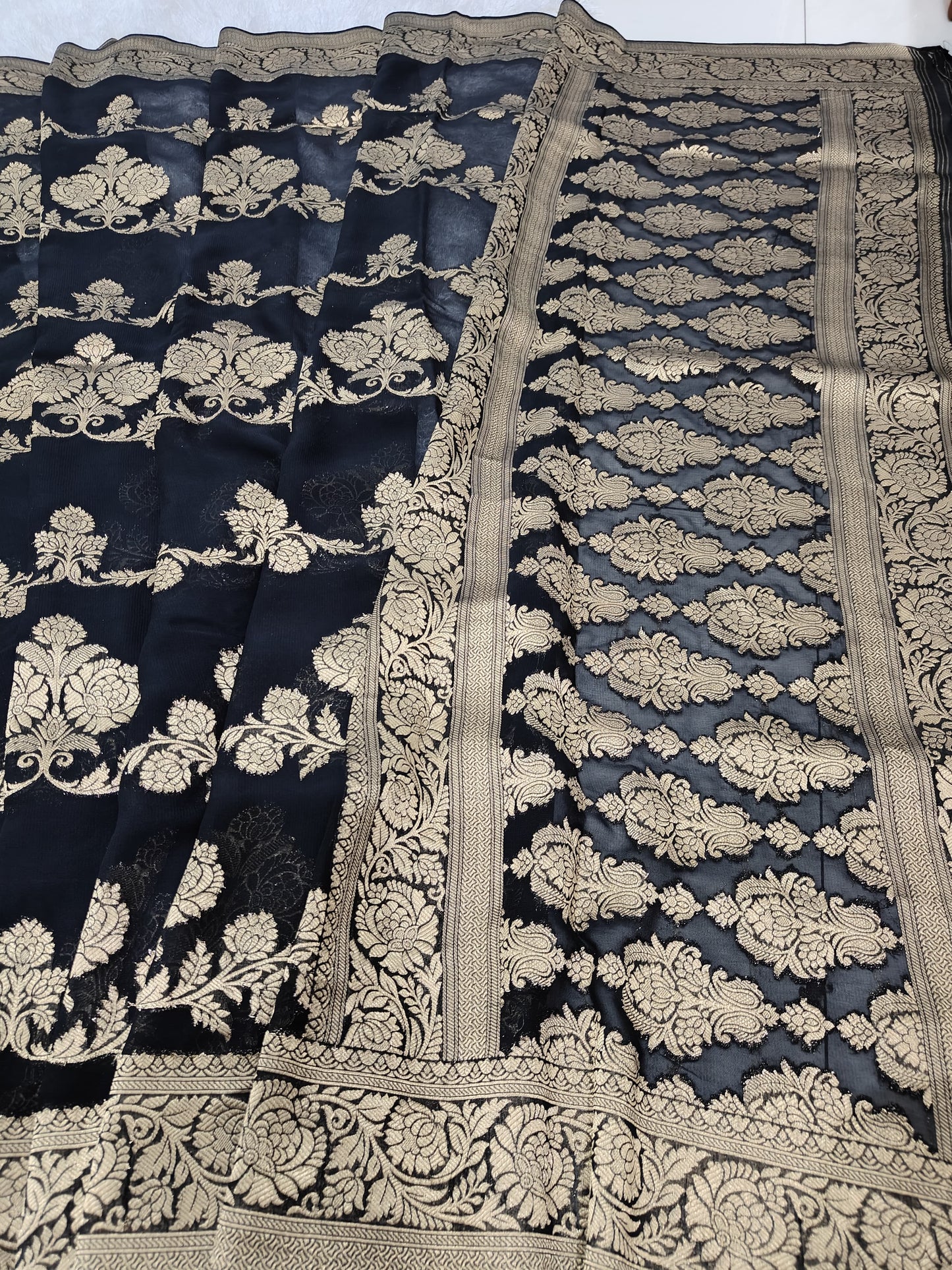 BLACK PURE GEORGEETE SARI WITH GOLD ZARI