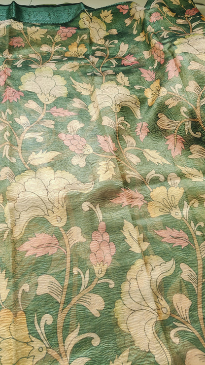 GREEN CRUSHED TISSUE SILK SAREE WITH KALAMKARI DIGITAL PRINT