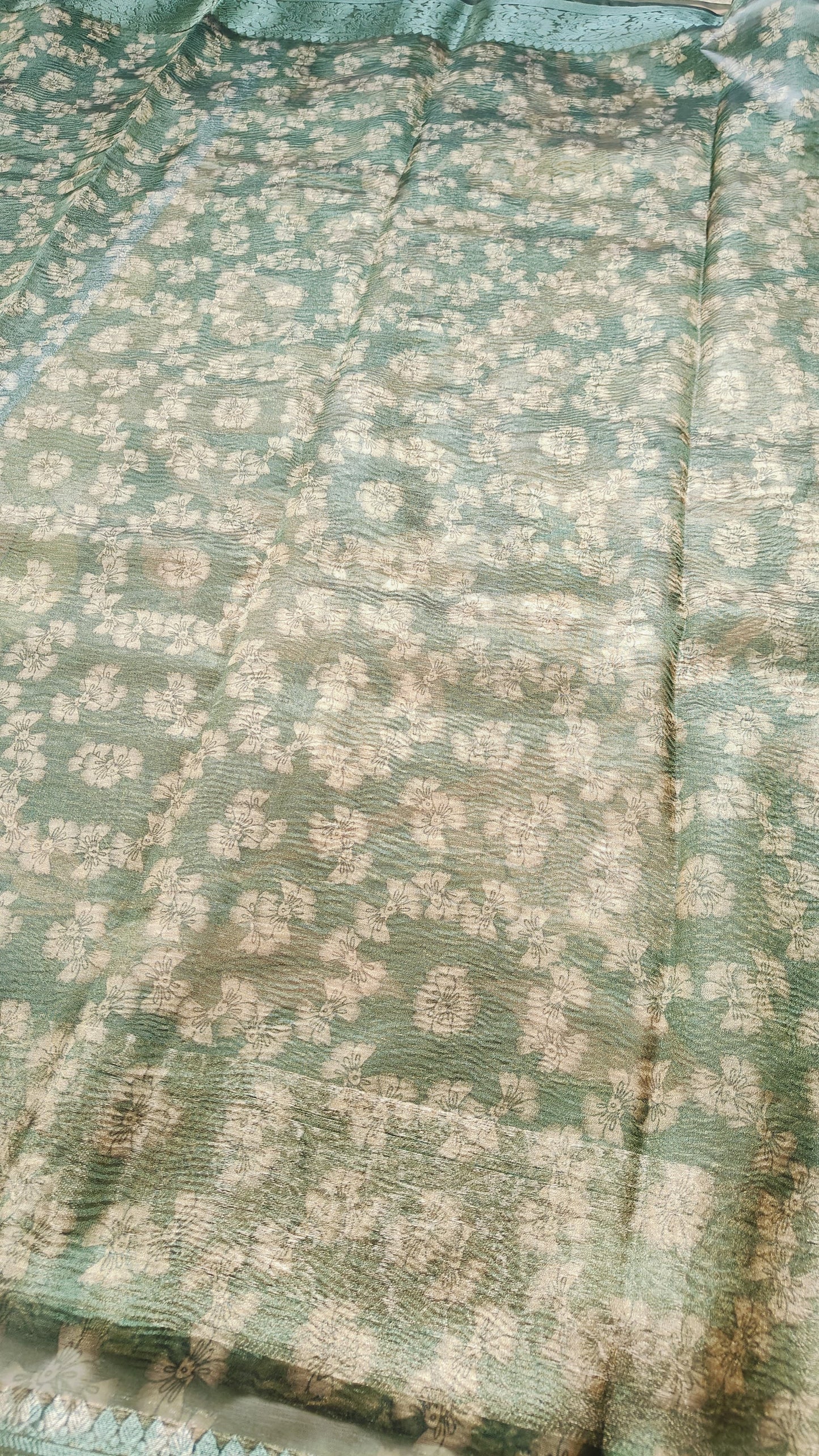 GREEN CRUSHED TISSUE SILK SAREE WITH KALAMKARI DIGITAL PRINT