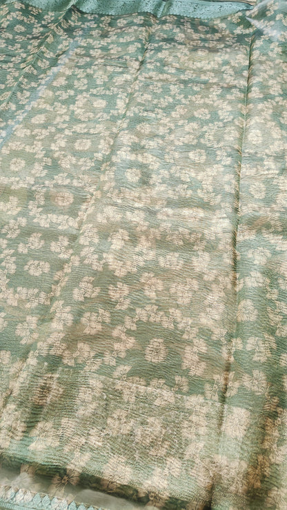 GREEN CRUSHED TISSUE SILK SAREE WITH KALAMKARI DIGITAL PRINT