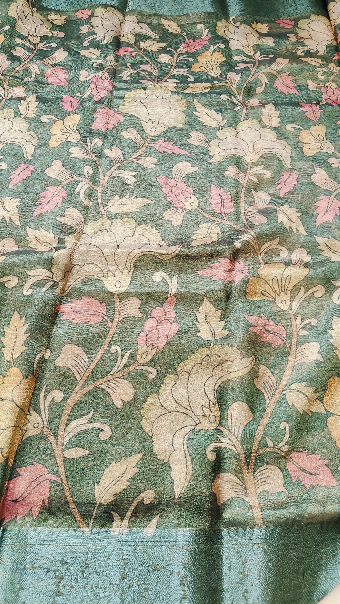 GREEN CRUSHED TISSUE SILK SAREE WITH KALAMKARI DIGITAL PRINT