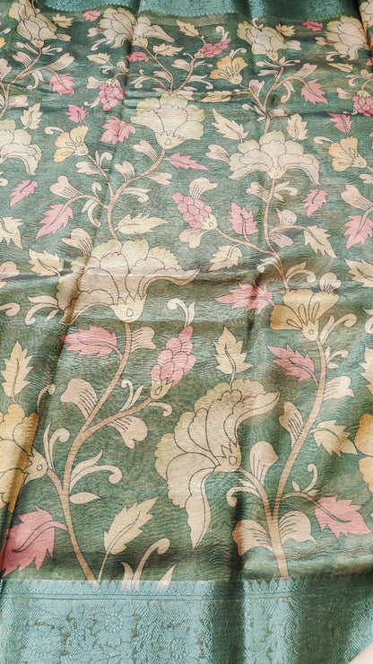 GREEN CRUSHED TISSUE SILK SAREE WITH KALAMKARI DIGITAL PRINT